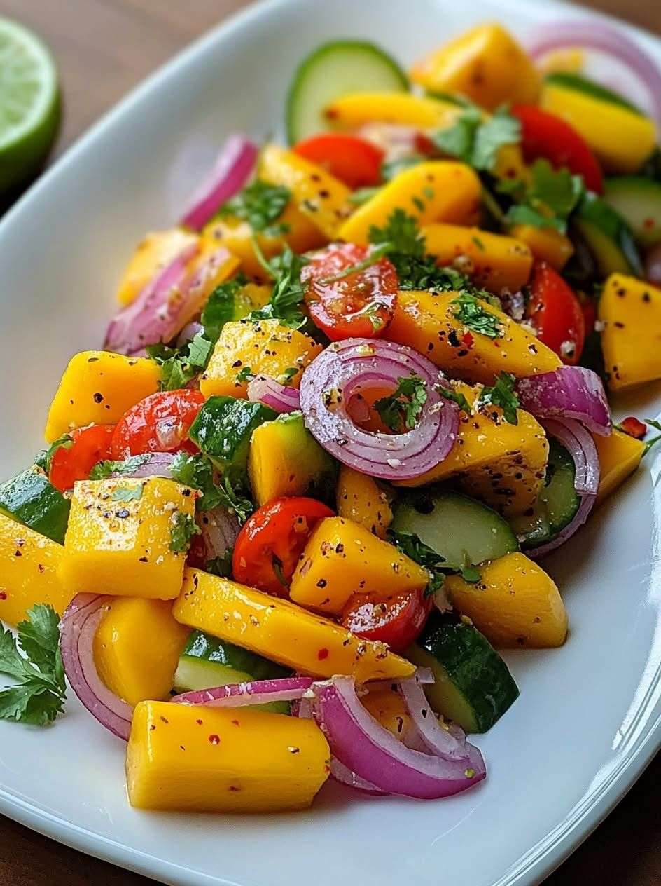 Fresh mango cucumber salad with ripe mango cubes, cucumber, cherry tomatoes, red onion, cilantro, lime dressing, and chili flakes.