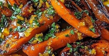 Honey roasted carrots served over creamy whipped feta with chopped pistachios, fresh parsley, mint, olive oil, and a drizzle of honey.