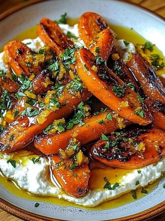 Honey roasted carrots served over creamy whipped feta with chopped pistachios, fresh parsley, mint, olive oil, and a drizzle of honey.