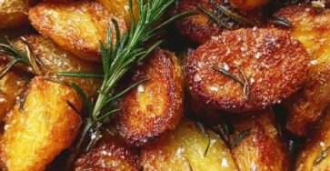 Crispy rosemary roasted potatoes served golden and hot with garlic, fresh rosemary, flaky sea salt, and crispy roasted edges.