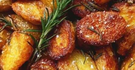 Crispy rosemary roasted potatoes served golden and hot with garlic, fresh rosemary, flaky sea salt, and crispy roasted edges.