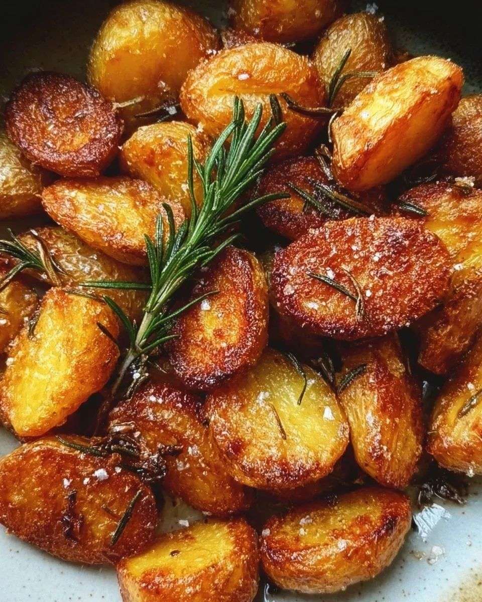 Crispy rosemary roasted potatoes served golden and hot with garlic, fresh rosemary, flaky sea salt, and crispy roasted edges.