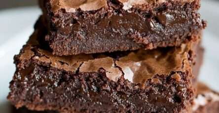 Fudgy chocolate brownies sliced into squares with a shiny crackly top, rich chocolate center, and melted chocolate chips.
