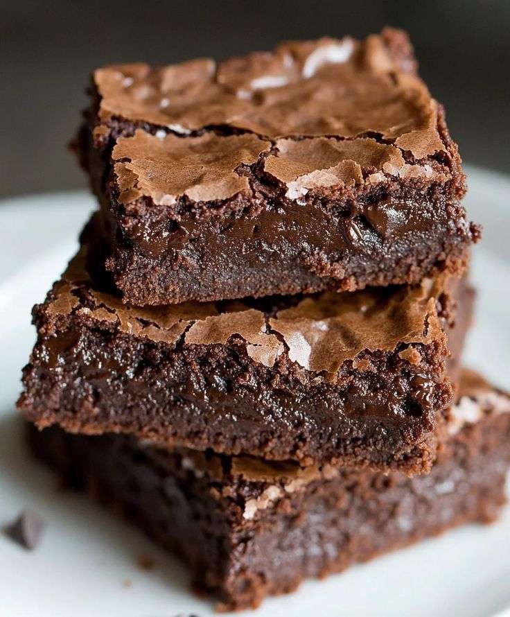 Fudgy chocolate brownies sliced into squares with a shiny crackly top, rich chocolate center, and melted chocolate chips.