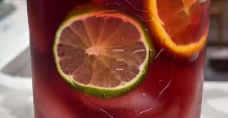 Refreshing berry citrus iced drink served with orange, lemon, lime slices, fresh berries, mint leaves, ice cubes, and sparkling water.