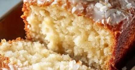 Moist coconut loaf cake topped with creamy glaze, shredded coconut, whipped cream, mint leaves, and a soft tender coconut crumb.