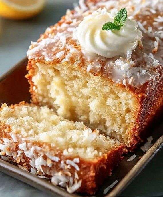 Moist coconut loaf cake topped with creamy glaze, shredded coconut, whipped cream, mint leaves, and a soft tender coconut crumb.
