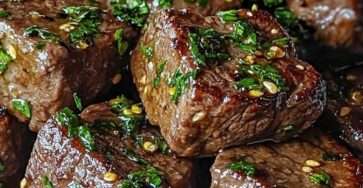 Garlic butter steak bites served over creamy mashed potatoes with garlic butter sauce, fresh parsley, sesame seeds, and black pepper.
