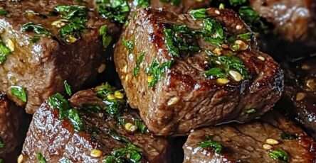 Garlic butter steak bites served over creamy mashed potatoes with garlic butter sauce, fresh parsley, sesame seeds, and black pepper.