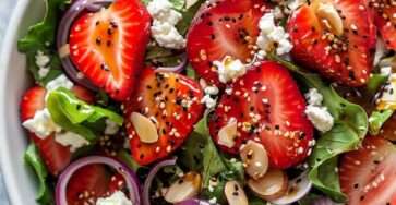 Strawberry feta salad with sliced fresh strawberries, arugula, crumbled feta, red onion, toasted almonds, sesame seeds, and balsamic dressing.