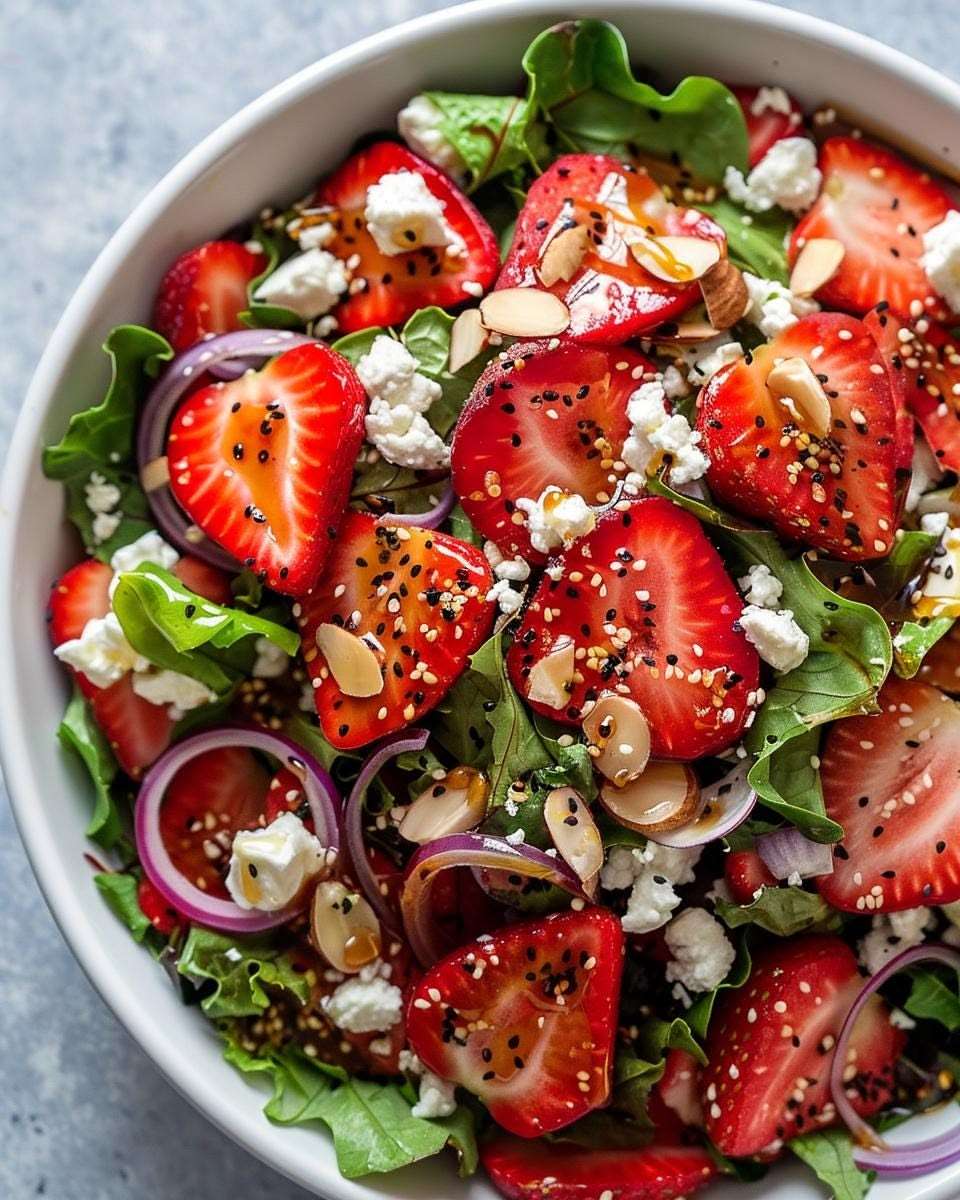 Strawberry feta salad with sliced fresh strawberries, arugula, crumbled feta, red onion, toasted almonds, sesame seeds, and balsamic dressing.