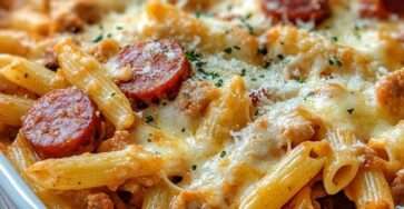Cheesy chicken sausage pasta bake with penne pasta, diced chicken, smoked sausage, creamy tomato sauce, melted mozzarella, parmesan, cheddar, and fresh parsley.