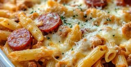 Cheesy chicken sausage pasta bake with penne pasta, diced chicken, smoked sausage, creamy tomato sauce, melted mozzarella, parmesan, cheddar, and fresh parsley.