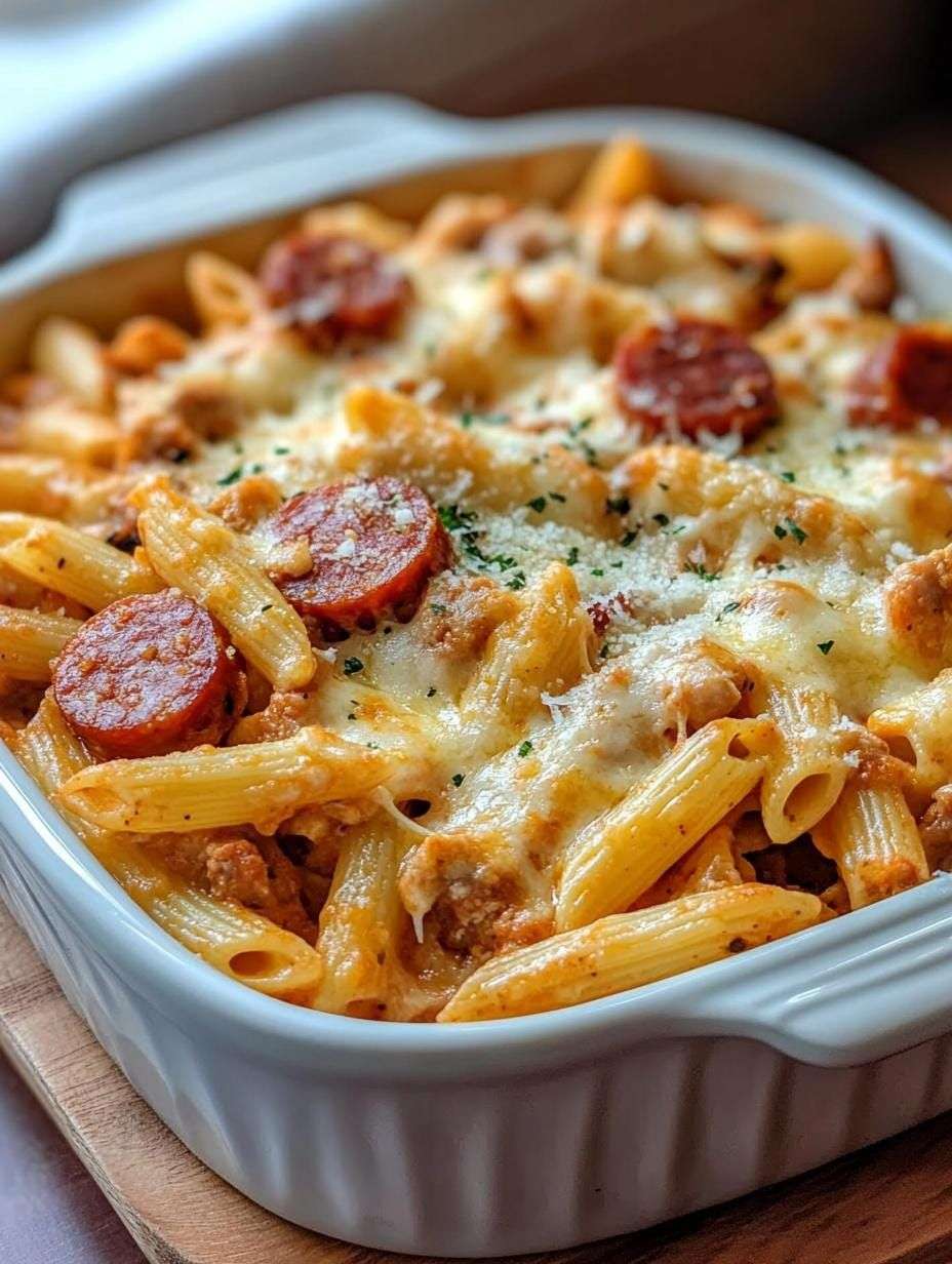 Cheesy chicken sausage pasta bake with penne pasta, diced chicken, smoked sausage, creamy tomato sauce, melted mozzarella, parmesan, cheddar, and fresh parsley.