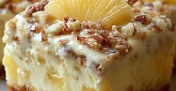 Pineapple cream cheesecake bars with a buttery biscuit crust, creamy cheesecake filling, pineapple topping, chopped nuts, and caramel drizzle.