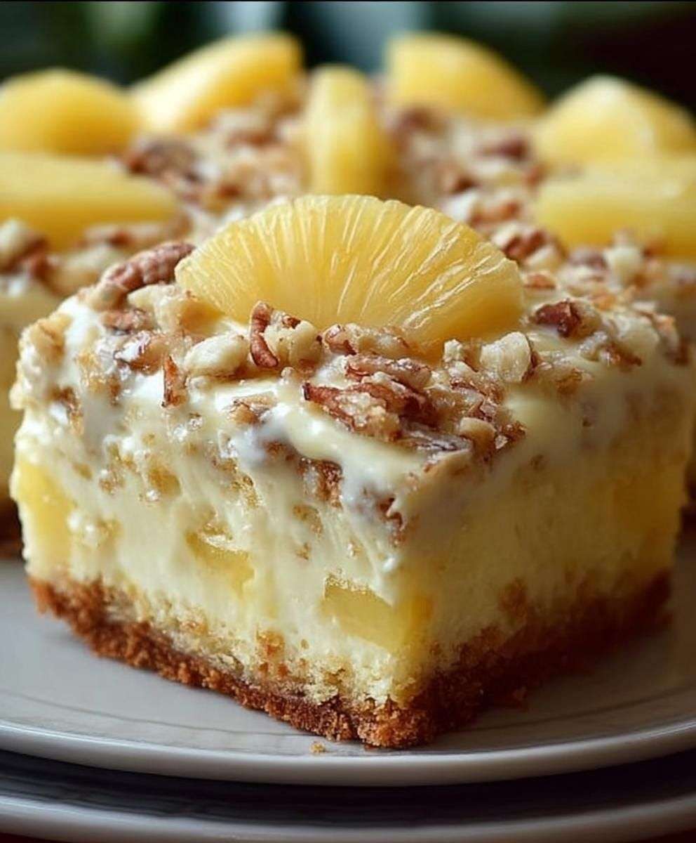 Pineapple cream cheesecake bars with a buttery biscuit crust, creamy cheesecake filling, pineapple topping, chopped nuts, and caramel drizzle.