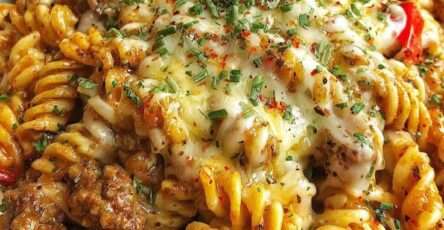 Cheesy beef fusilli pasta bake served hot with melted mozzarella, cheddar, parmesan, rich beef tomato sauce, and fresh parsley.