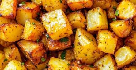 Crispy oven-roasted potatoes served golden with garlic, paprika, herbs, fresh parsley, crispy edges, and a tender fluffy center.