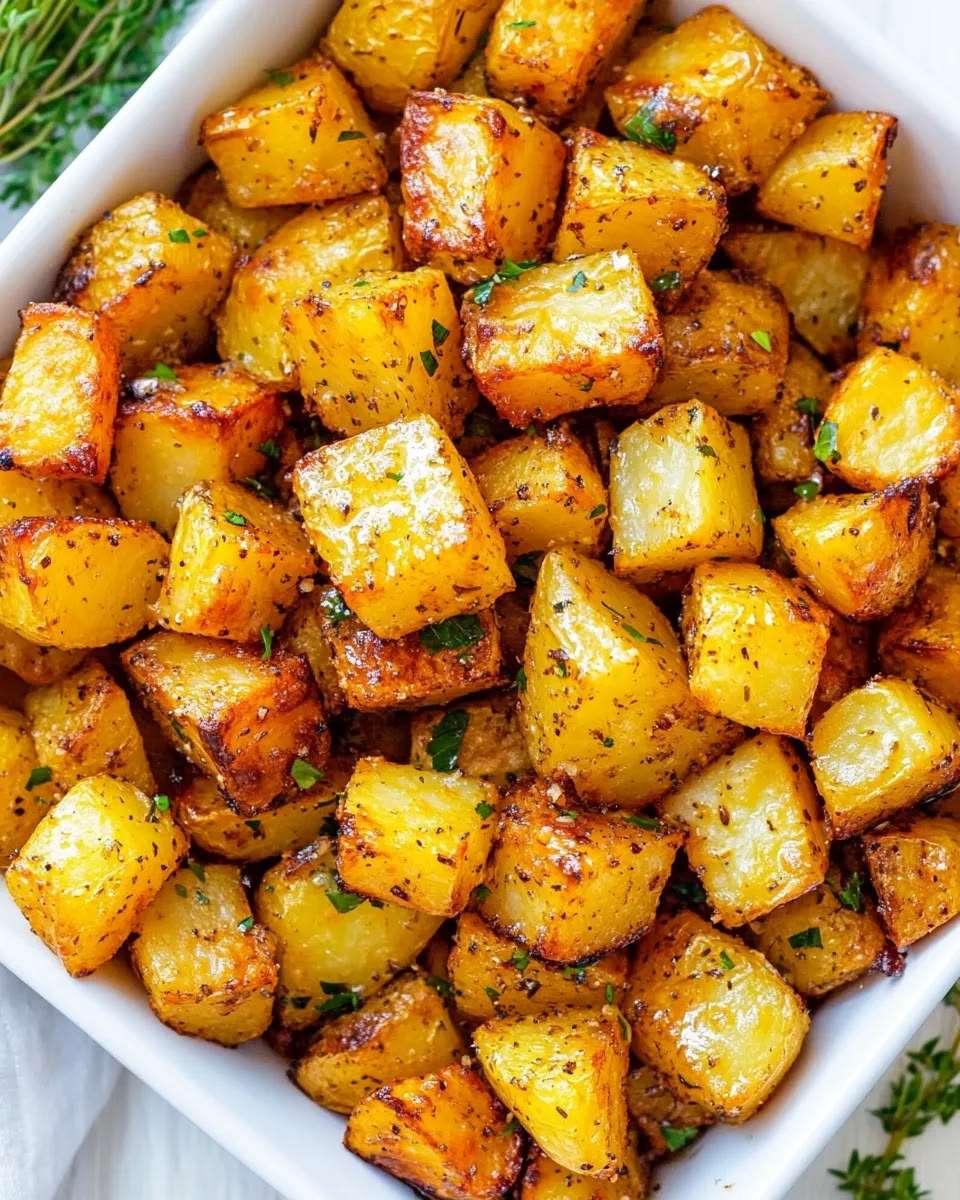 Crispy oven-roasted potatoes served golden with garlic, paprika, herbs, fresh parsley, crispy edges, and a tender fluffy center.