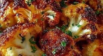 Crispy roasted cauliflower florets served golden with parmesan, garlic, paprika, fresh parsley, lemon juice, and crispy roasted edges.