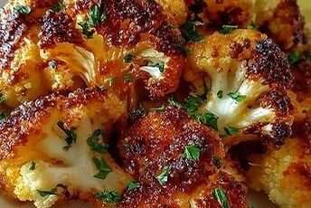 Crispy roasted cauliflower florets served golden with parmesan, garlic, paprika, fresh parsley, lemon juice, and crispy roasted edges.