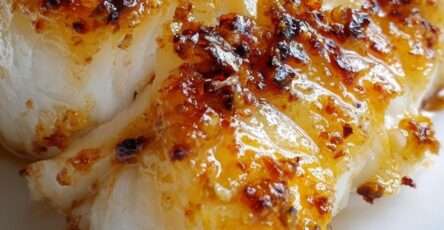 A close-up of baked honey-marinated cod fillets freshly removed from the oven, featuring a glossy caramelized honey-soy glaze, golden-brown edges, and a tender flaky texture. The fish is served in a baking dish lined with parchment paper, lightly garnished with herbs, showcasing a sweet and savory seafood dish ideal for a healthy dinner.