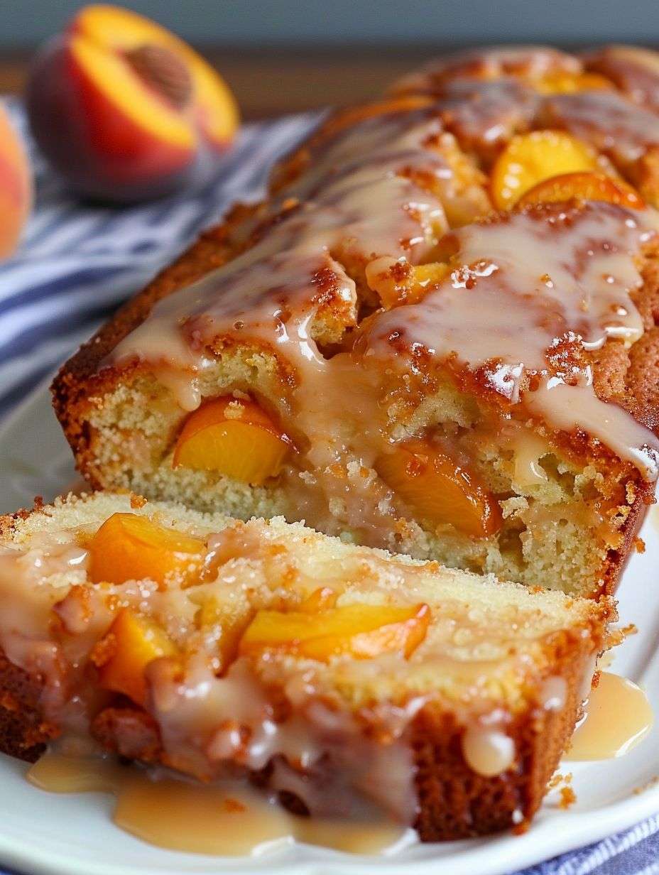 Peach loaf cake with vanilla glaze, sliced peaches on top, soft golden crumb, and diced peach pieces inside, served on a plate.