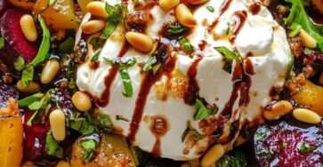 Roasted beet and potato burrata salad with arugula, creamy burrata, toasted pine nuts, balsamic glaze, parsley, and basil.