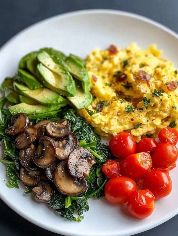 Healthy scrambled egg breakfast plate with creamy scrambled eggs, avocado slices, sautéed mushrooms, spinach, cherry tomatoes, parsley, and chili flakes.