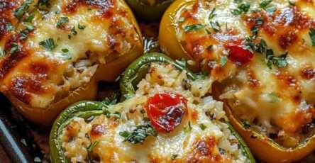 Cheesy stuffed bell peppers filled with rice, ground meat, cherry tomatoes, mozzarella, parmesan, and fresh parsley baked until golden.