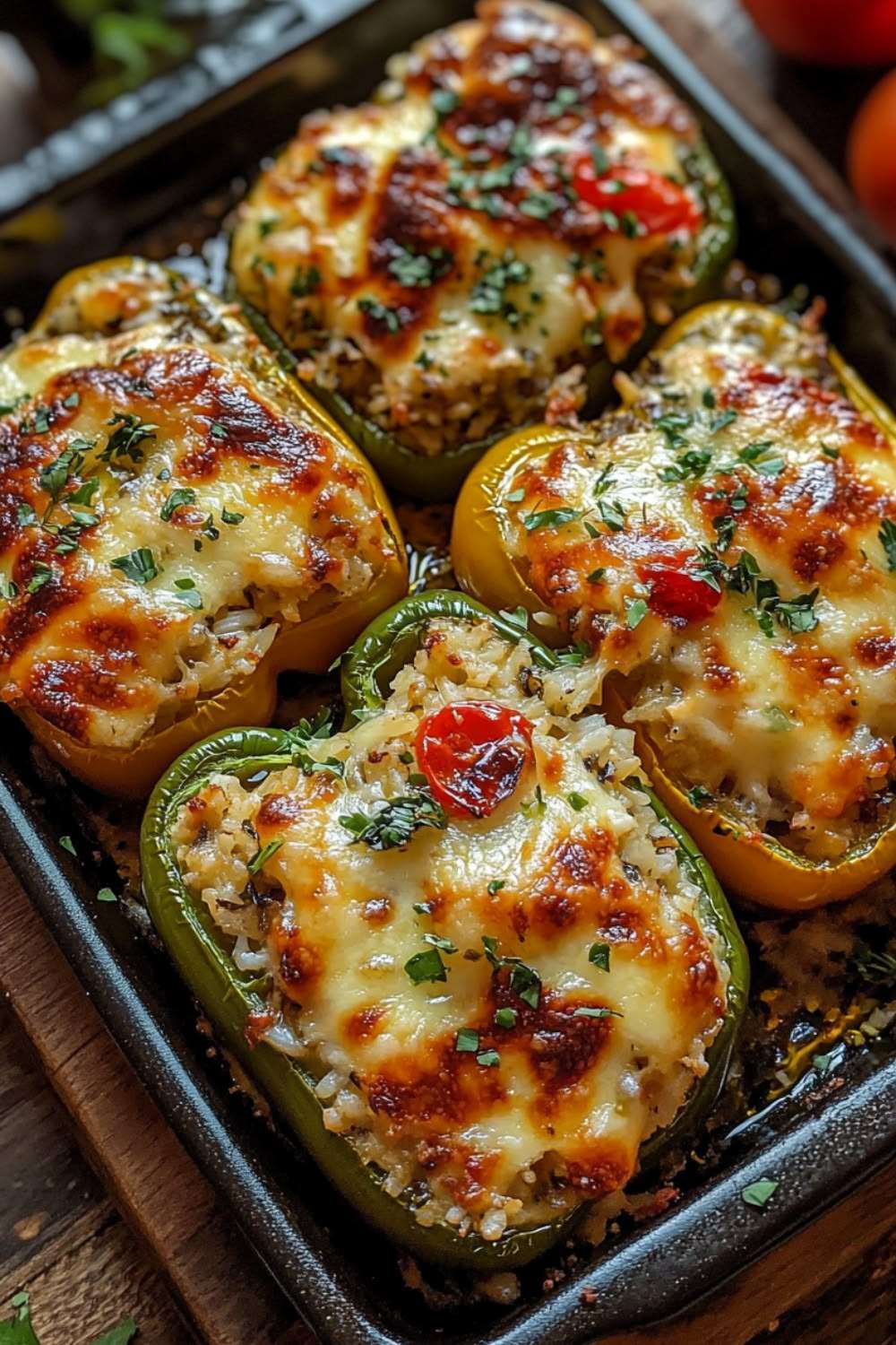 Cheesy stuffed bell peppers filled with rice, ground meat, cherry tomatoes, mozzarella, parmesan, and fresh parsley baked until golden.
