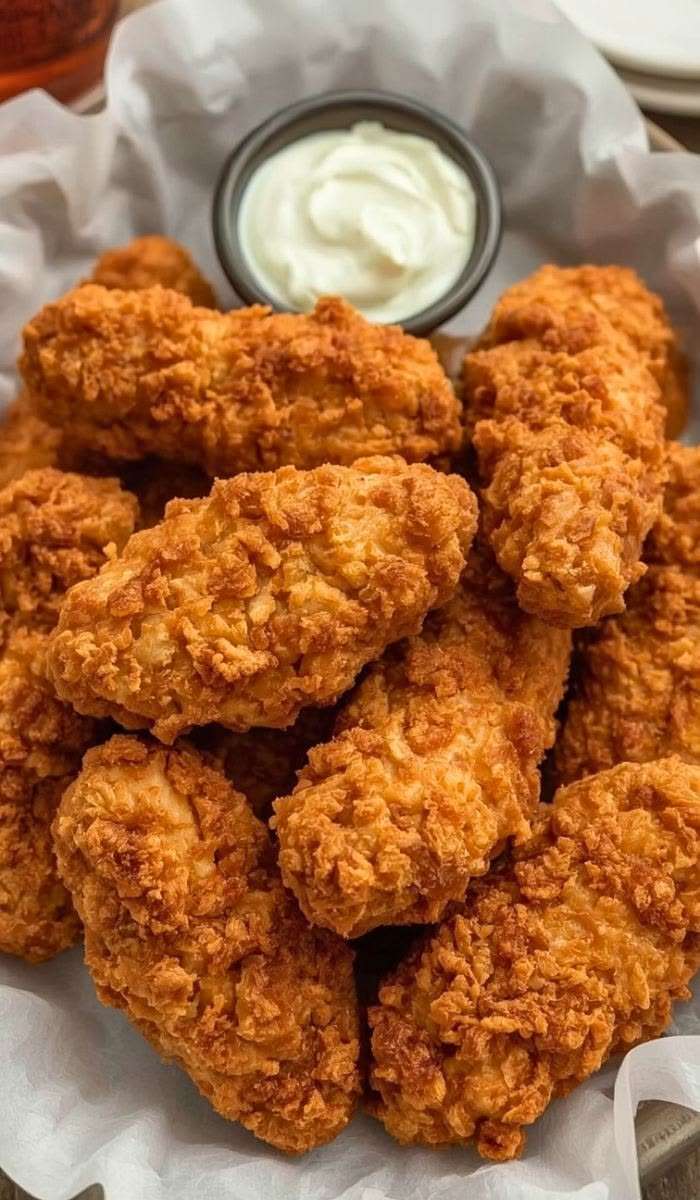 Crispy fried chicken tenders served hot with golden crunchy coating, dipping sauces, parsley, and a side of garlic mayo.