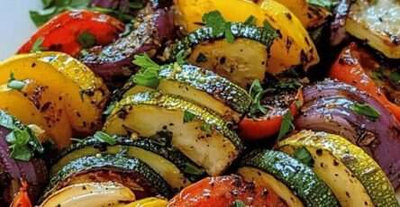 A plate of grilled Mediterranean vegetables with zucchini, red and yellow bell peppers, red onion, thick tomato slices, fresh parsley, olive oil, and herbs.