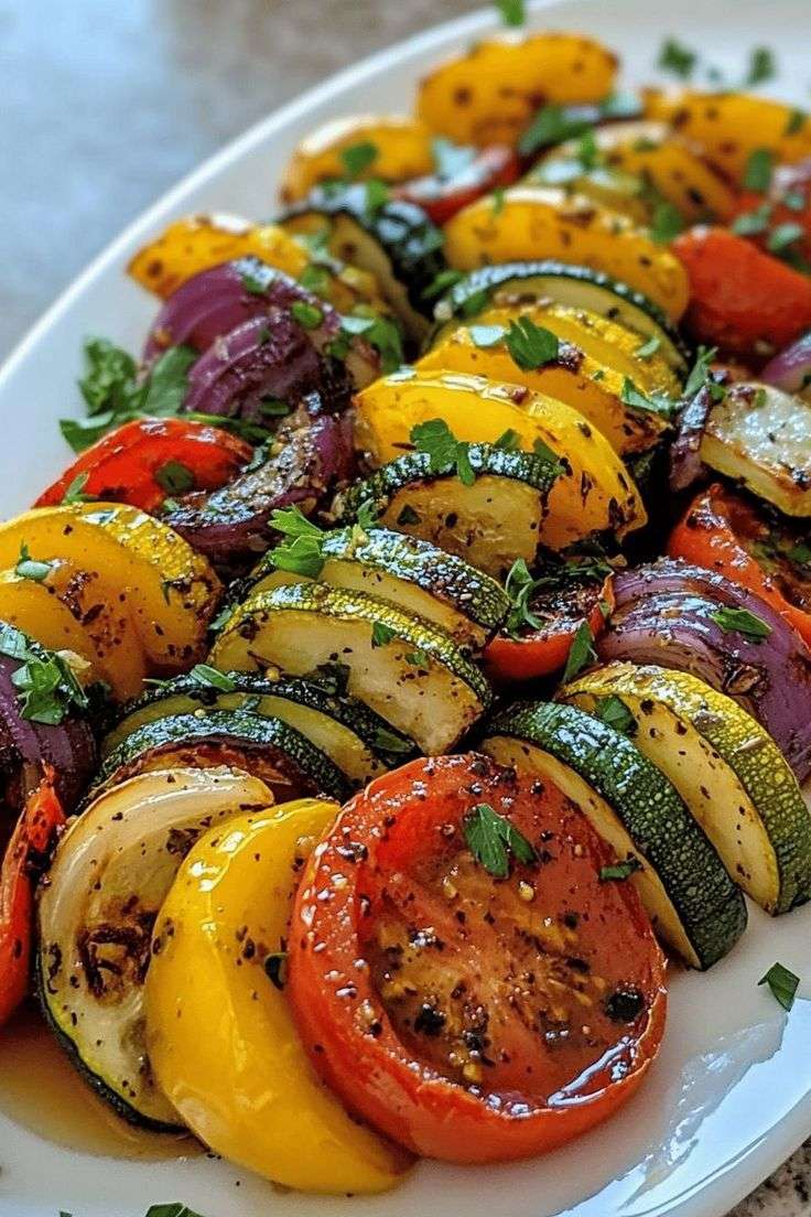 A plate of grilled Mediterranean vegetables with zucchini, red and yellow bell peppers, red onion, thick tomato slices, fresh parsley, olive oil, and herbs.