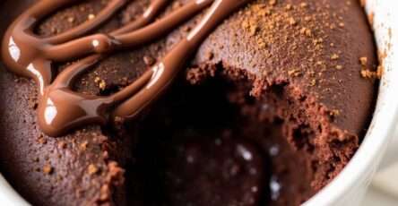 A warm chocolate lava mug cake served in a large mug with a soft cocoa cake texture, melted chocolate center, and a drizzle of chocolate spread on top.
