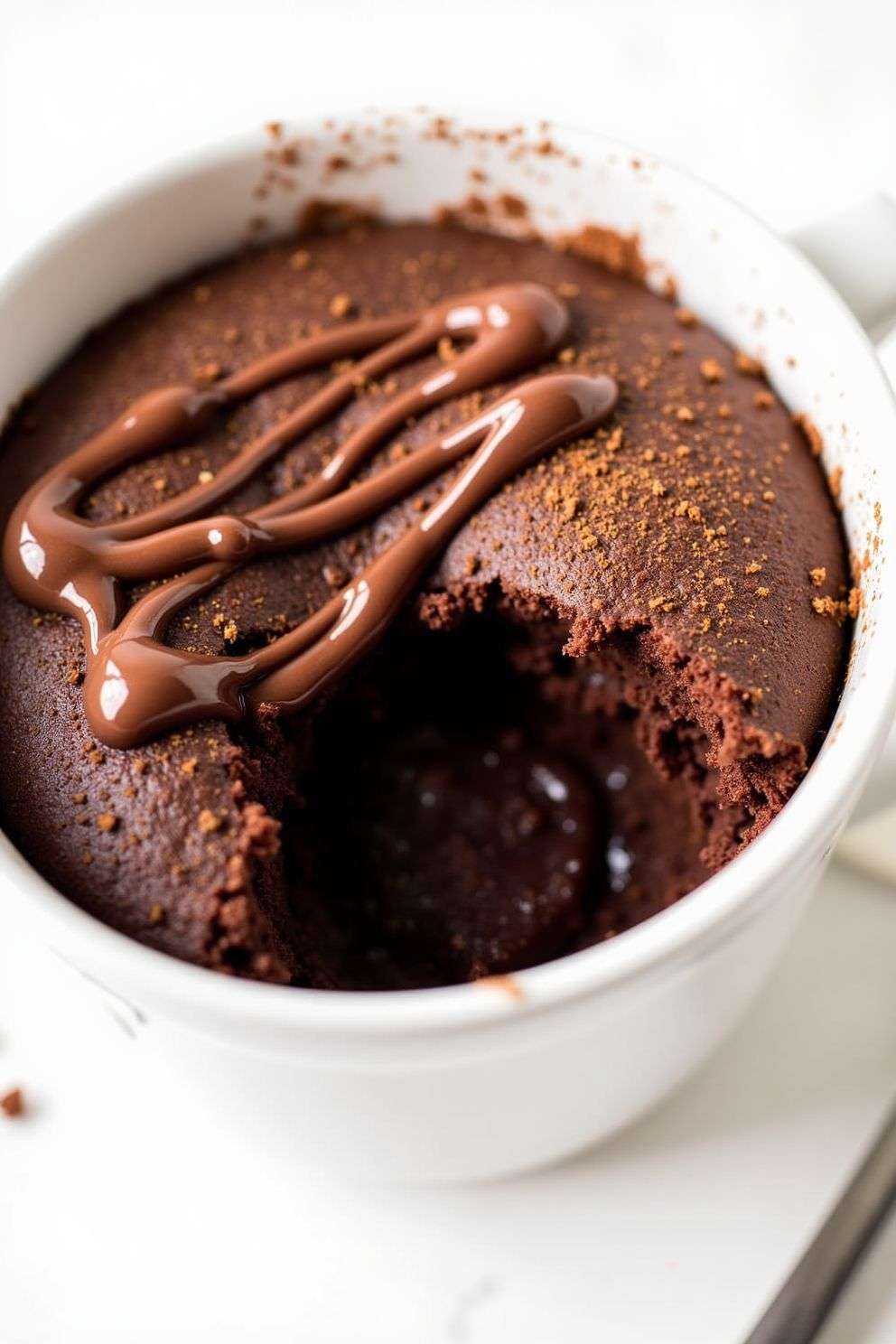 A warm chocolate lava mug cake served in a large mug with a soft cocoa cake texture, melted chocolate center, and a drizzle of chocolate spread on top.