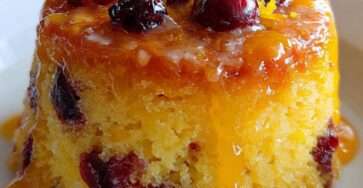 A warm cranberry orange cottage cheese mug cake served in a mug with dried cranberries, orange zest, soft cake texture, and a light citrus finish.