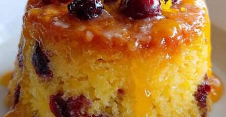 A warm cranberry orange cottage cheese mug cake served in a mug with dried cranberries, orange zest, soft cake texture, and a light citrus finish.