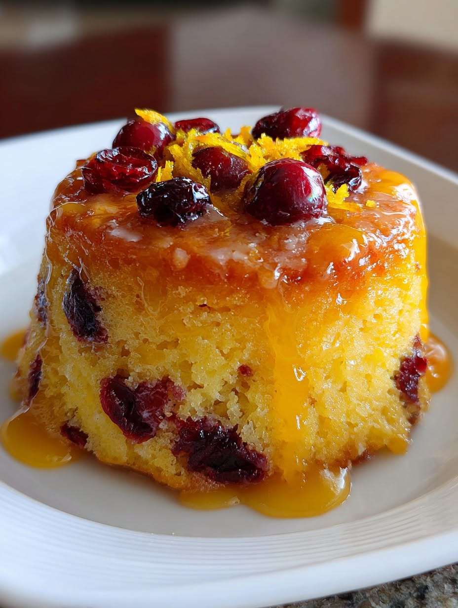A warm cranberry orange cottage cheese mug cake served in a mug with dried cranberries, orange zest, soft cake texture, and a light citrus finish.