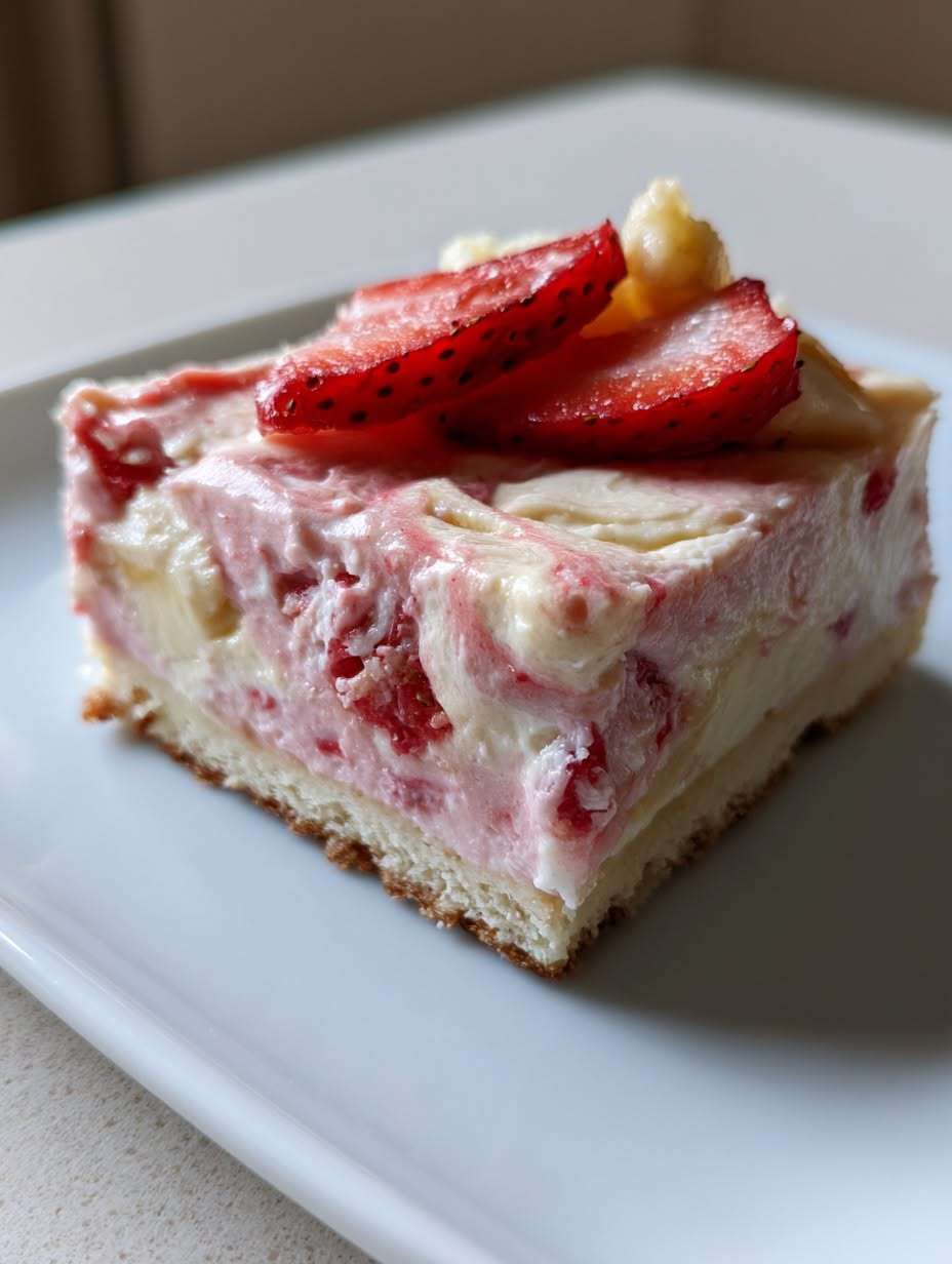 Chilled strawberry banana cottage cheese cheesecake bars sliced into squares with fresh strawberries, creamy filling, and a smooth frozen texture.