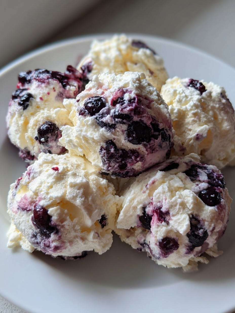 Lemon blueberry cottage cheese ice cream bites made with Greek yogurt, honey, vanilla, and fresh blueberries, served frozen with lemon zest.