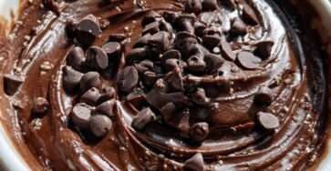 A bowl of ultra fudgy cottage cheese brownie batter dip with a smooth chocolate texture, chocolate chips mixed in, and fruit or crackers for dipping.