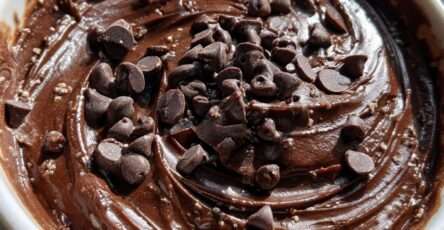 A bowl of ultra fudgy cottage cheese brownie batter dip with a smooth chocolate texture, chocolate chips mixed in, and fruit or crackers for dipping.