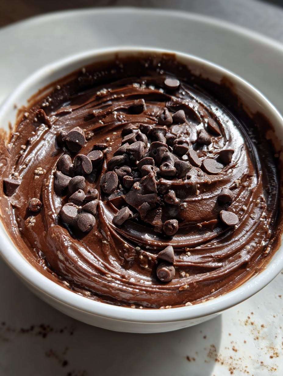 A bowl of ultra fudgy cottage cheese brownie batter dip with a smooth chocolate texture, chocolate chips mixed in, and fruit or crackers for dipping.