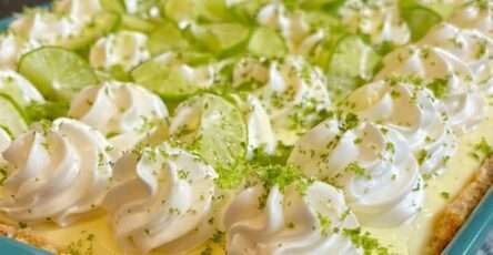 Sugar-free key lime cream dessert sliced into squares with graham cracker crust, creamy filling, tangy key lime layer, whipped topping, and lime zest garnish.
