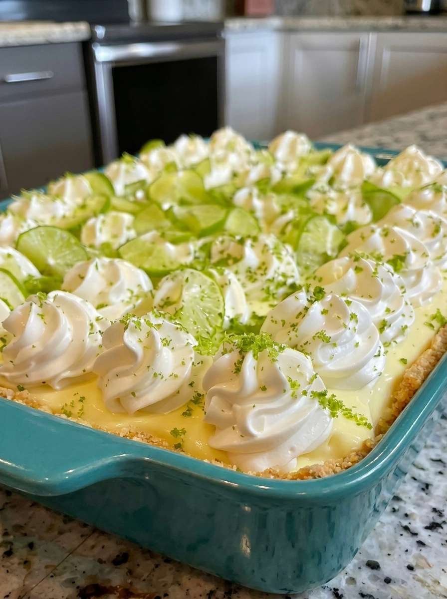 Sugar-free key lime cream dessert sliced into squares with graham cracker crust, creamy filling, tangy key lime layer, whipped topping, and lime zest garnish.