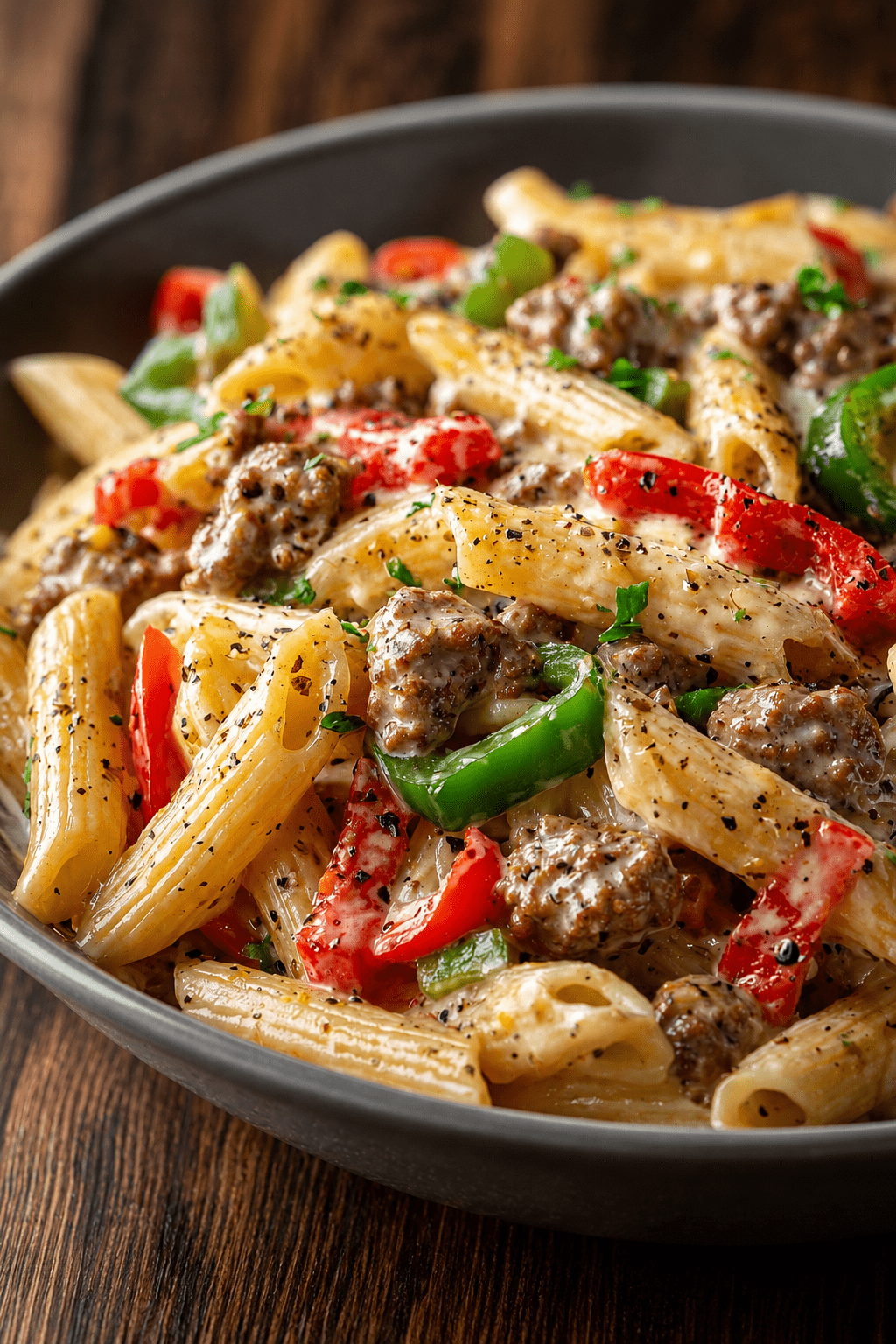 Creamy sausage and pepper penne pasta served in a bowl with red and green bell peppers, Parmesan cheese, fresh parsley, and black pepper.