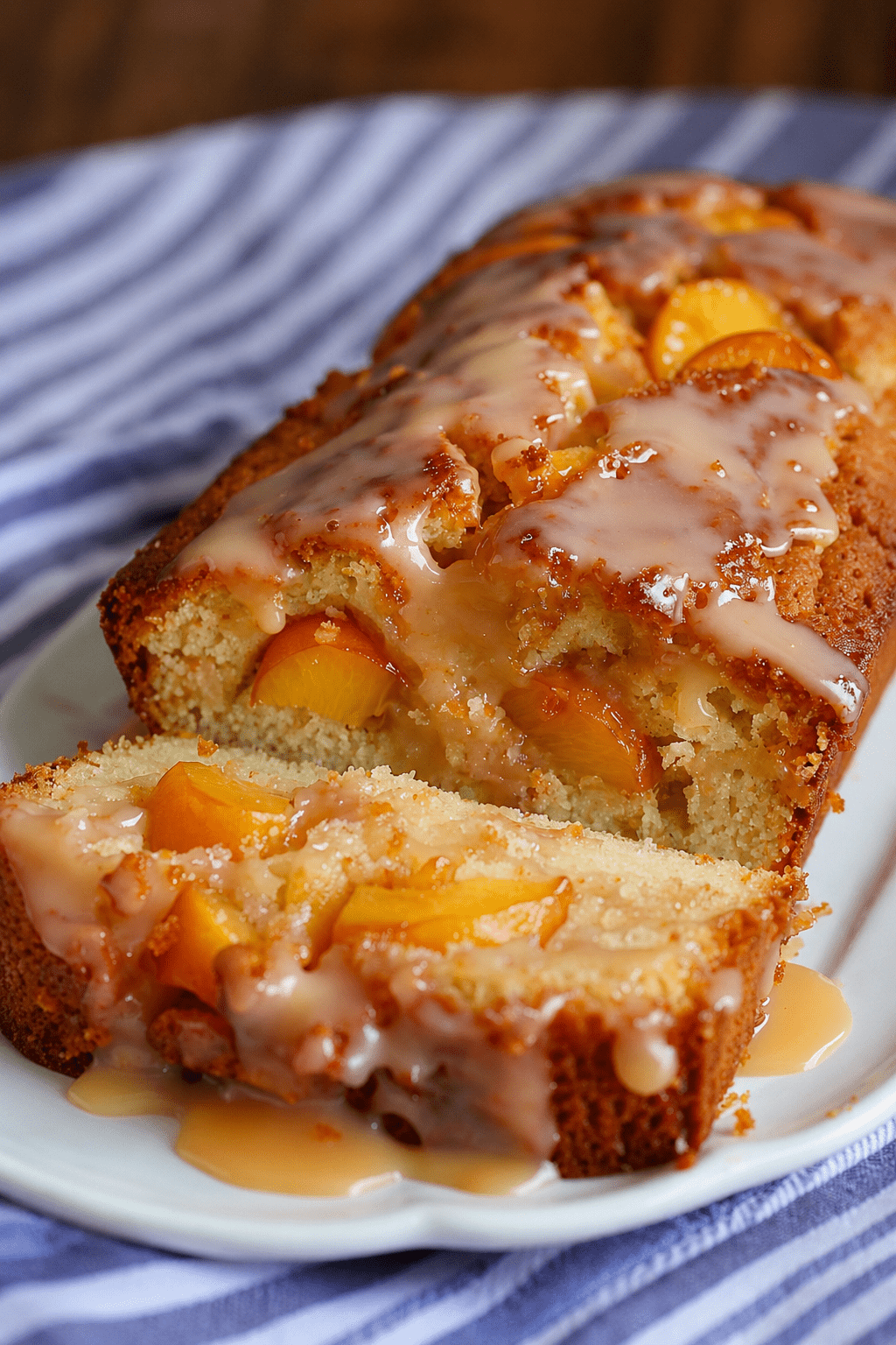 A sliced glazed peach loaf cake with fresh peach pieces, soft vanilla crumb, glossy glaze, and peach slices on top.