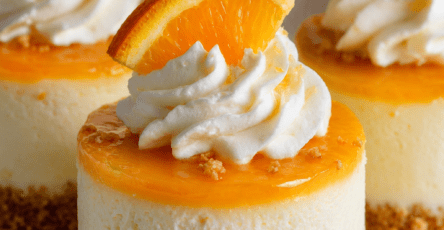 Sugar-free orange creamsicle mini cheesecakes with almond flour crust, creamy orange cheesecake filling, glossy orange glaze, and whipped cream topping.