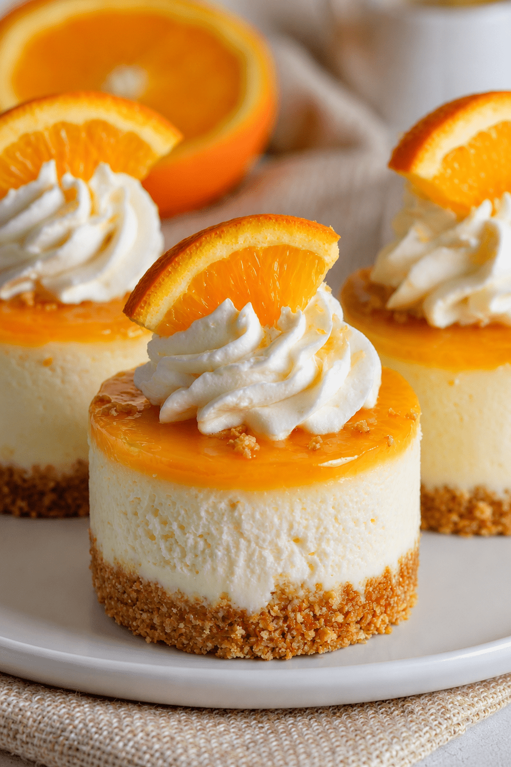 Sugar-free orange creamsicle mini cheesecakes with almond flour crust, creamy orange cheesecake filling, glossy orange glaze, and whipped cream topping.